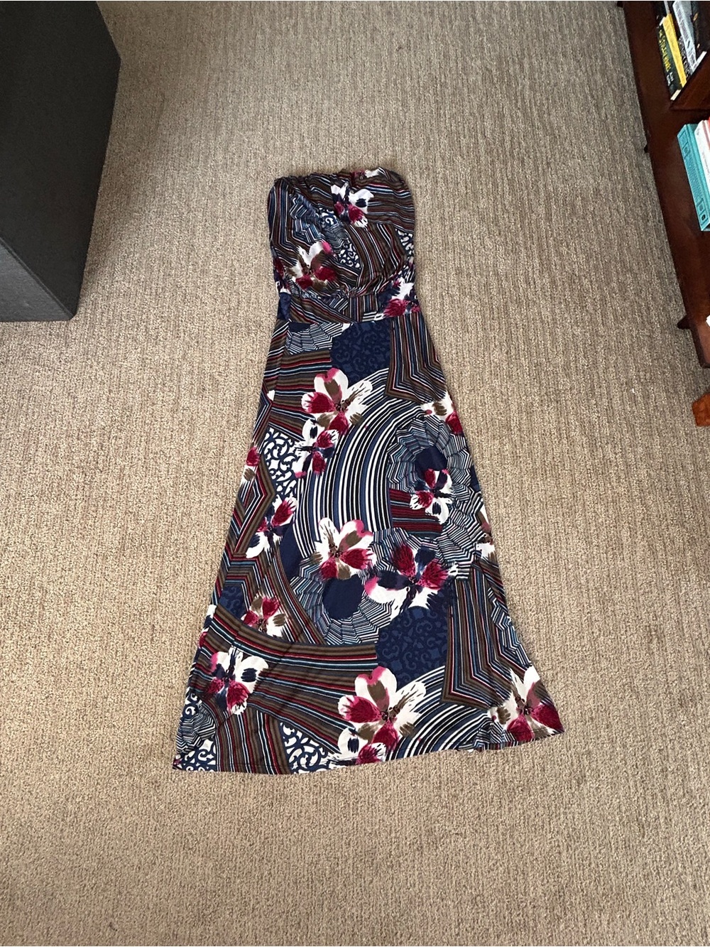 S-Twelve Strapless Floral Maxi Dress in Navy, Burgundy, and White